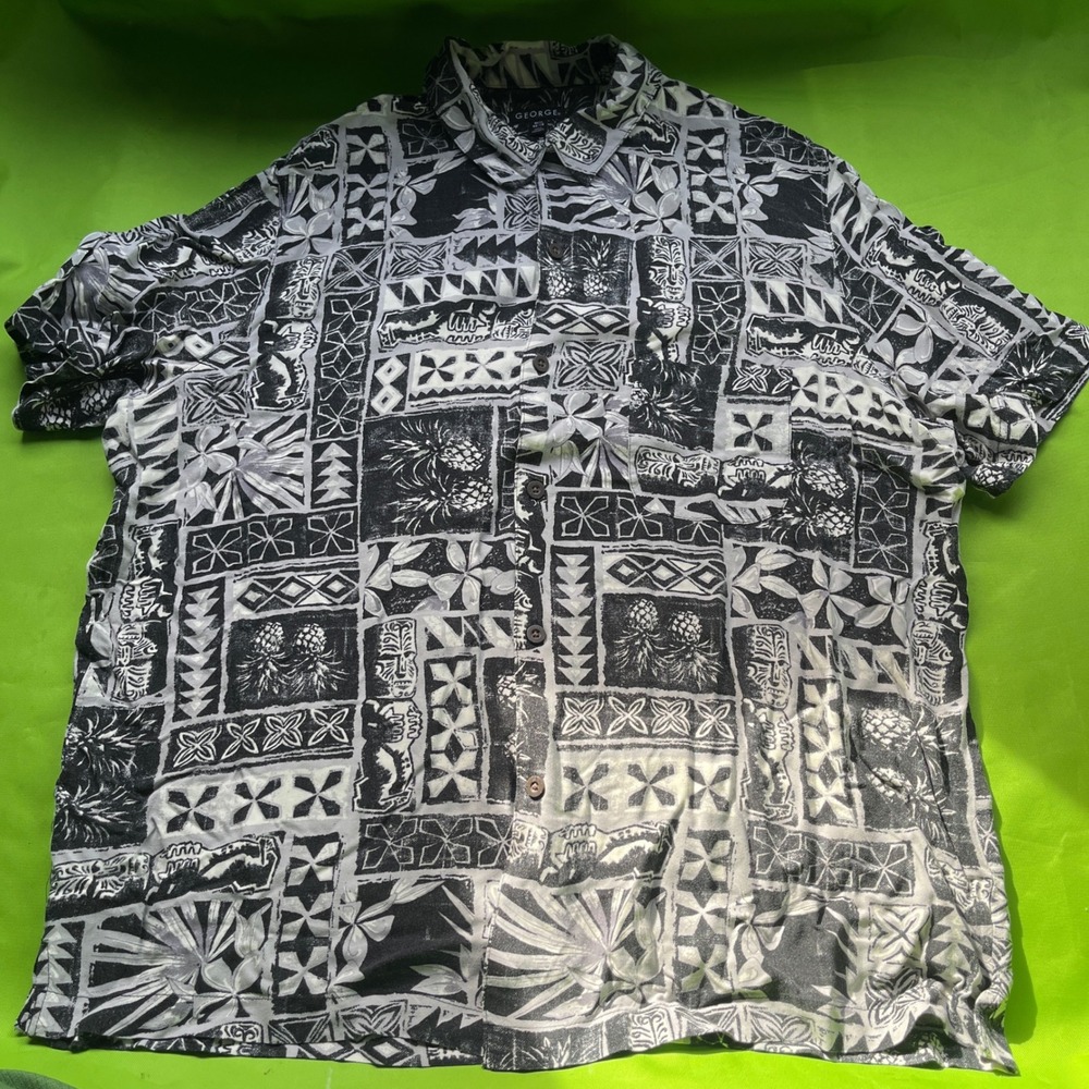 GEORGE Mens XL Vtg Black‎ White Tropical Tiki Aloha Hawaiian Shirt